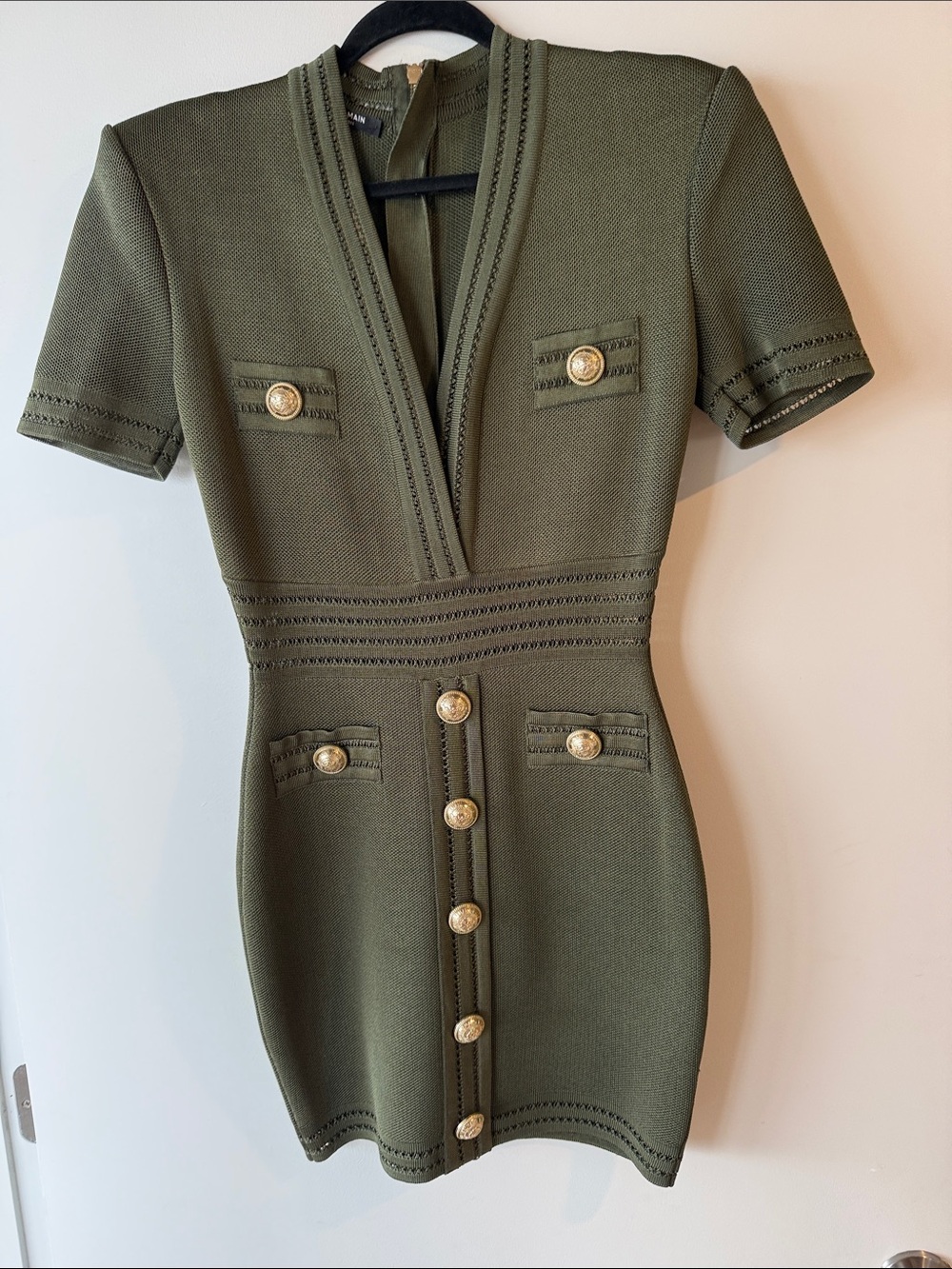 Balmain Olive Green Short Sleeve V-Neck Mini Dress with Gold Buttons